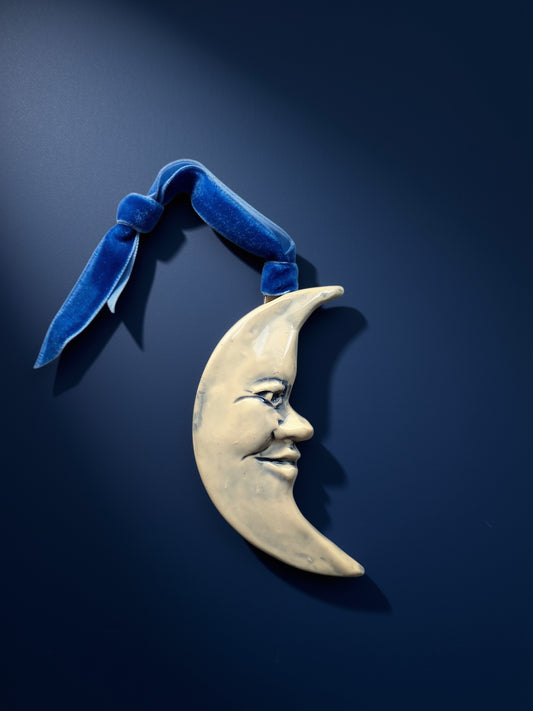 Victorian Anthropomorphic Ceramic Crescent Moon Face Ornament